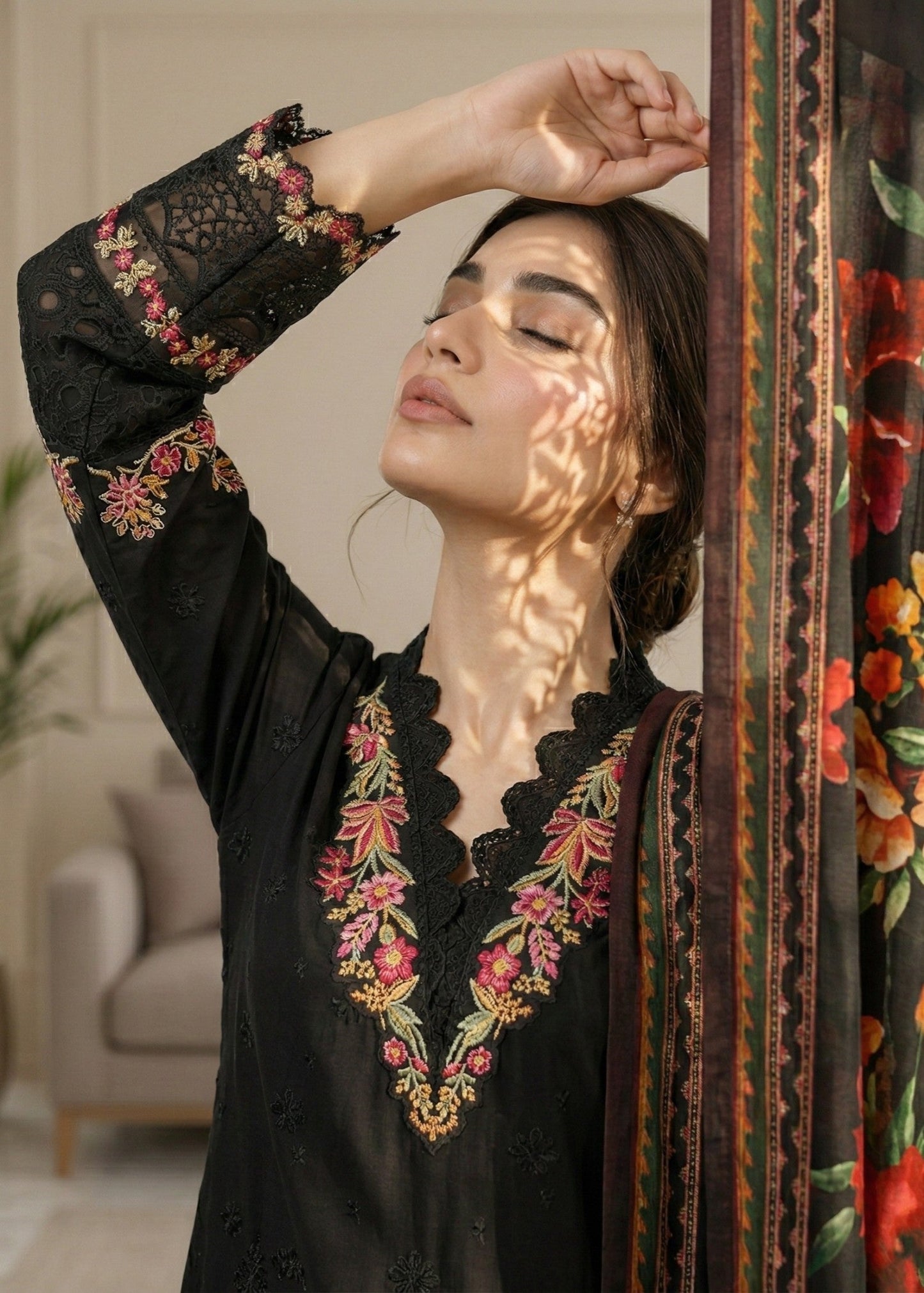 Embroidered Black Lawn Pakistani Suit Online in Dubai DXB UAE Abudhabi Meena Bazaar