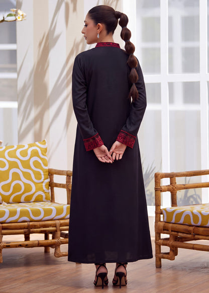 Embroidered Black Linen Kaftan Online in KSA Riyadh Saudi Arabia Oman Bahrain Qatar