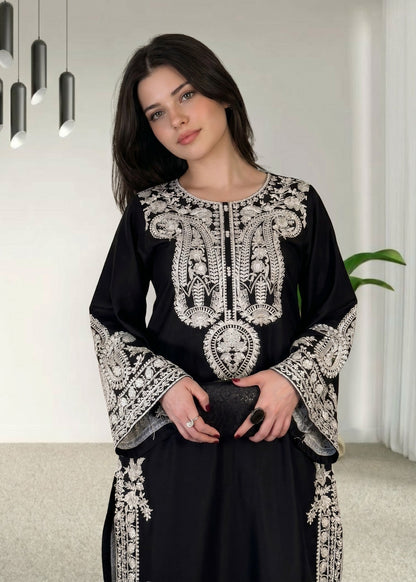 Embroidered Black Linen Ladies Suit Online in KSA Riyadh Saudi Arabia Oman Bahrain Qatar