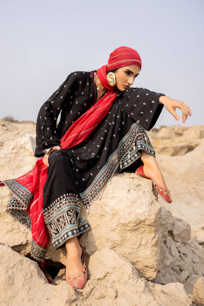 Embroidered Black Raw Silk A-Line Kurta Set Online in Dubai DXB UAE Abudhabi Meena Bazaar