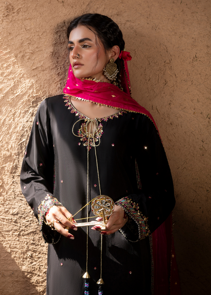 Embroidered Black Raw Silk Farshi Shalwar Suit Online in Dubai DXB UAE Abudhabi Meena Bazaar