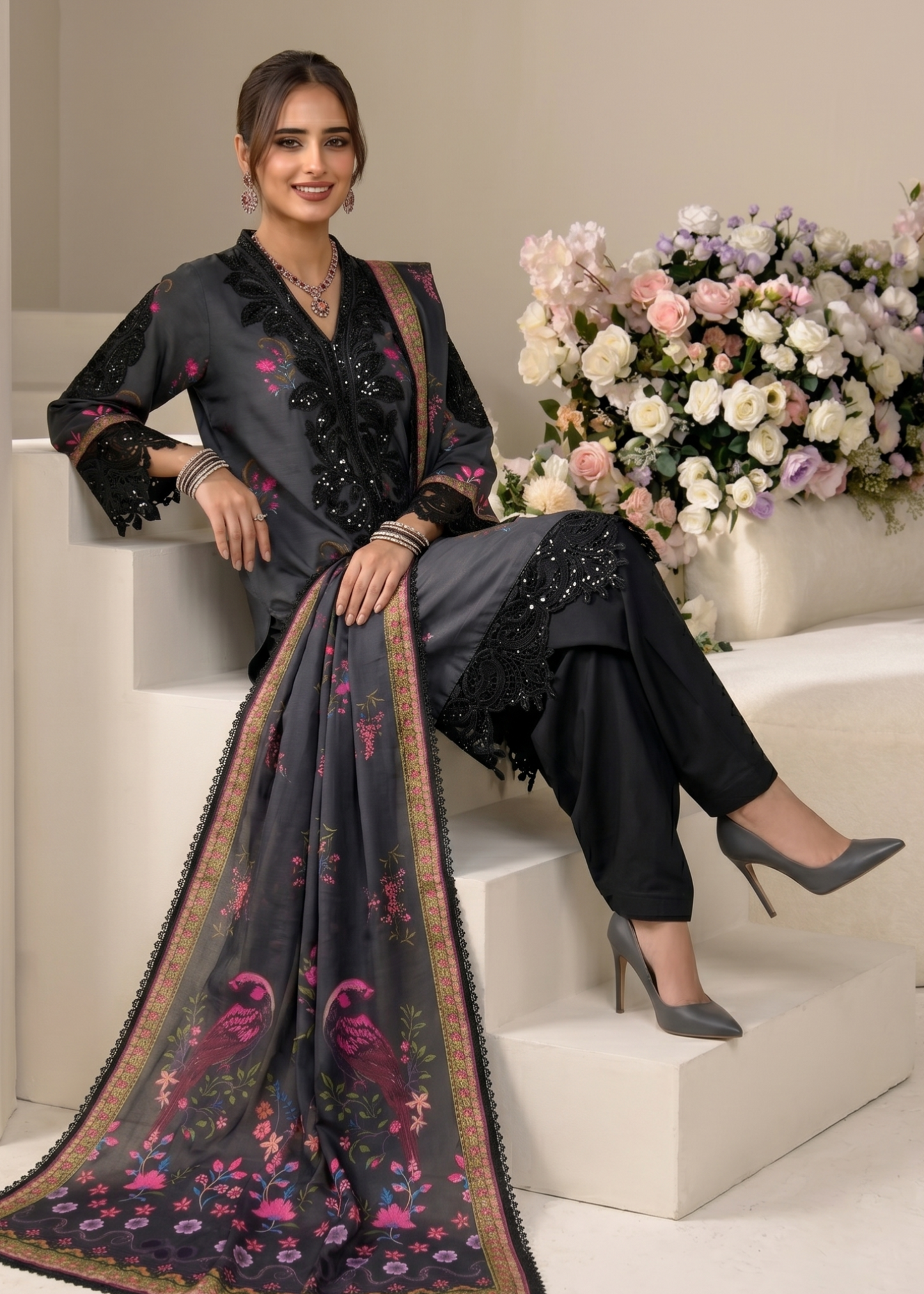 Embroidered Black Raw Silk Ladies Suit Online in UK USA Canada