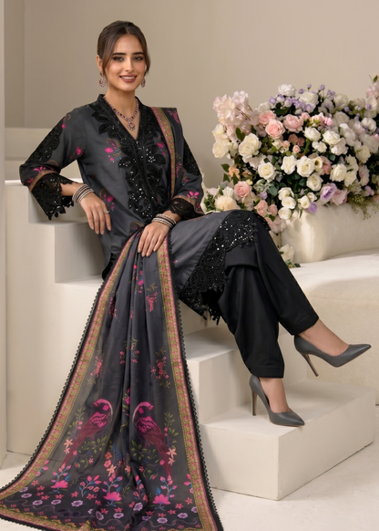 Embroidered Black Raw Silk Ladies Suit Online in UK USA Canada