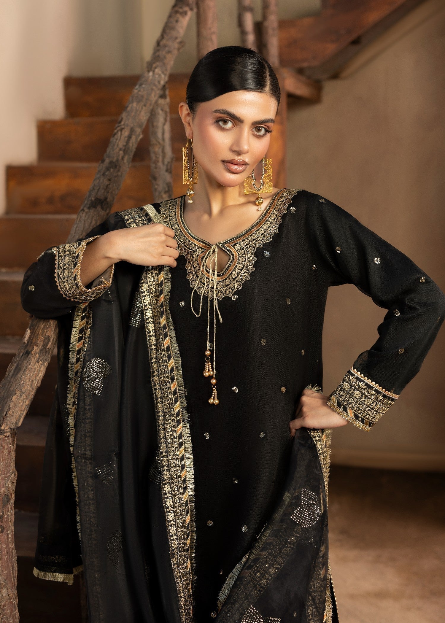 Embroidered Black Raw Silk Pakistani Suit Online in Dubai DXB UAE Abudhabi Meena Bazaar