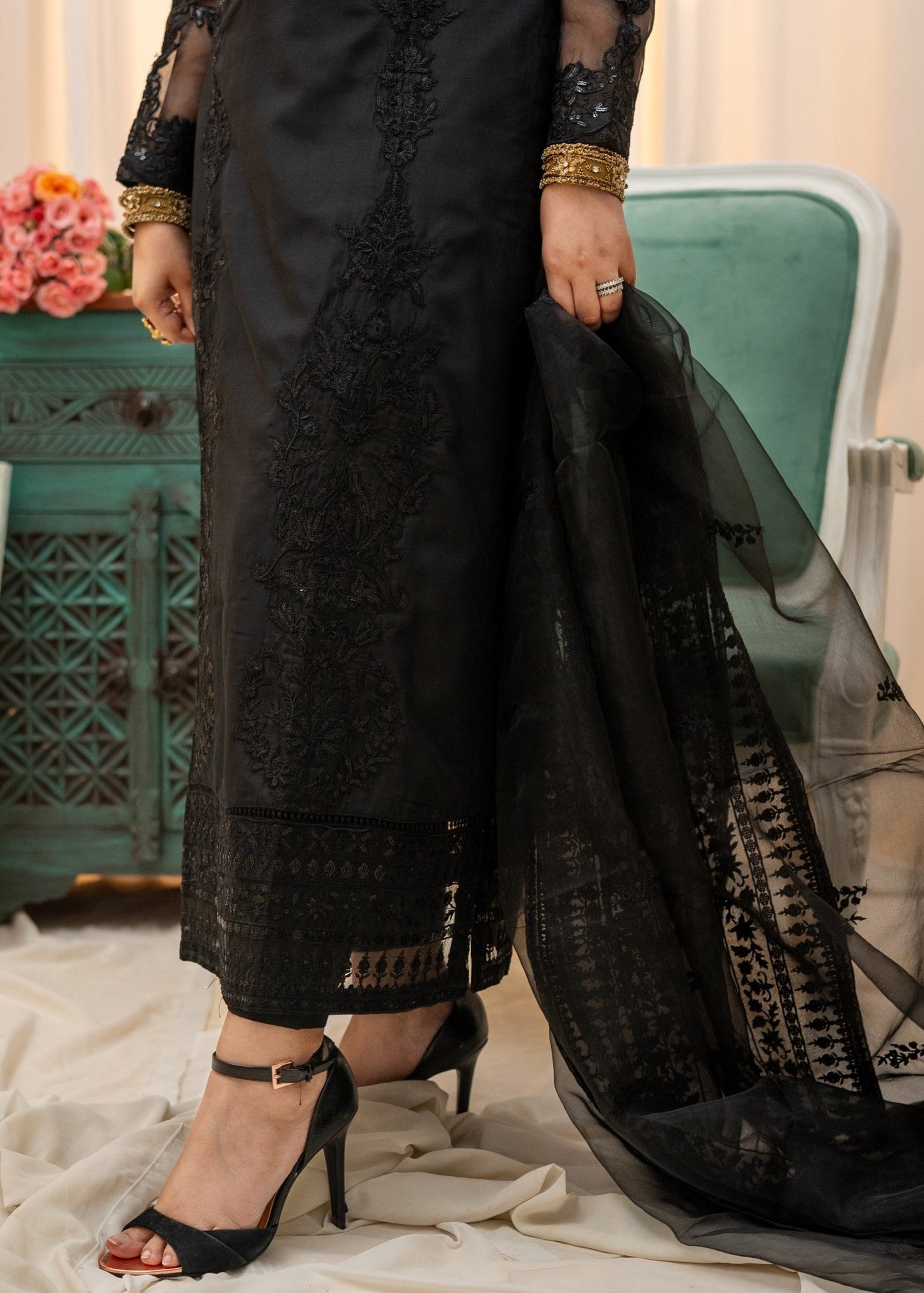 Embroidered Black Raw Silk Salwar Kameez Online in Dubai DXB UAE Abudhabi Meena Bazaar