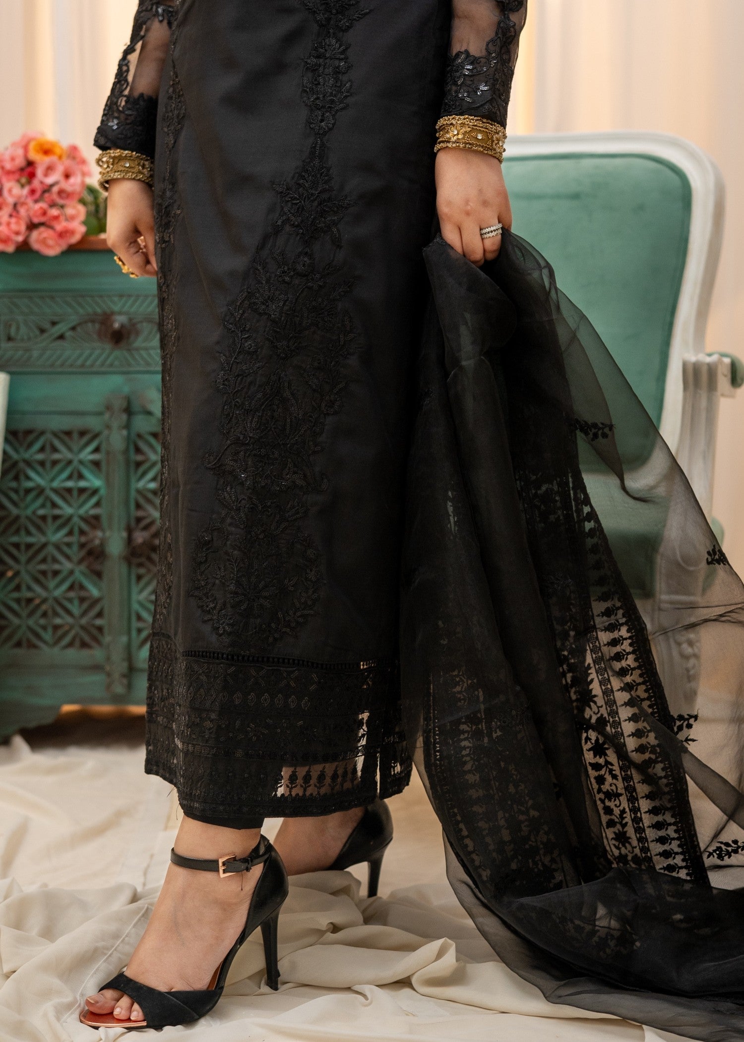 Embroidered Black Raw Silk Salwar Kameez Online in Dubai DXB UAE Abudhabi Meena Bazaar