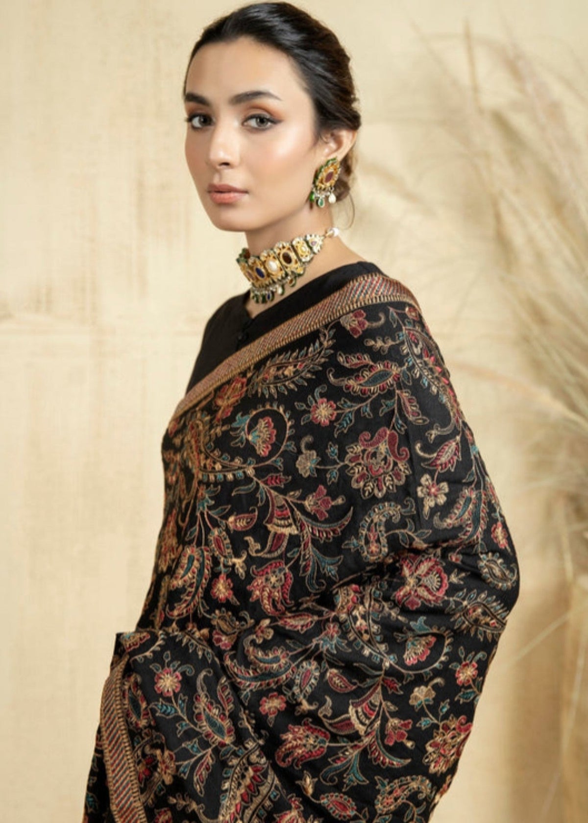 Embroidered Black Raw Silk Shawl Online in KSA Riyadh Saudi Arabia Oman Bahrain Qatar
