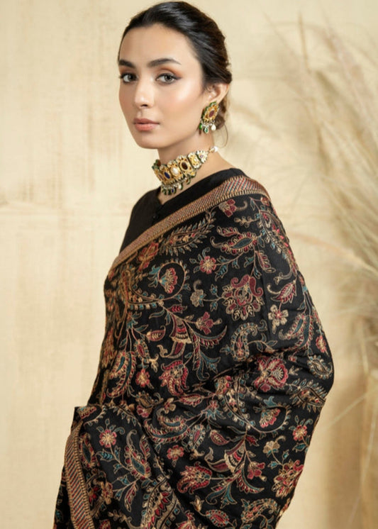 Embroidered Black Raw Silk Shawl Online in KSA Riyadh Saudi Arabia Oman Bahrain Qatar