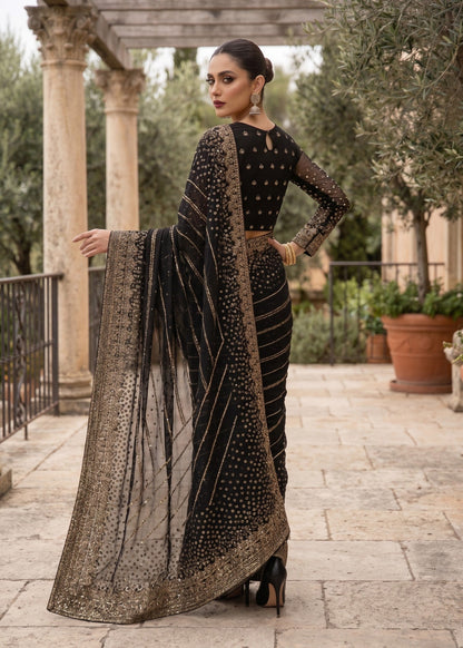 Embroidered Black Saree with Raw Silk Petticoat Online in Dubai DXB UAE Abudhabi Meena Bazaar
