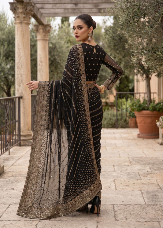 Embroidered Black Saree with Raw Silk Petticoat Online in Dubai DXB UAE Abudhabi Meena Bazaar