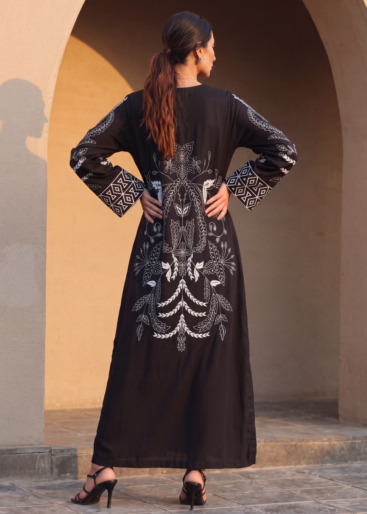 Embroidered Black Silk Kaftan for Ladies Online in KSA Riyadh Saudi Arabia Oman Bahrain Qatar
