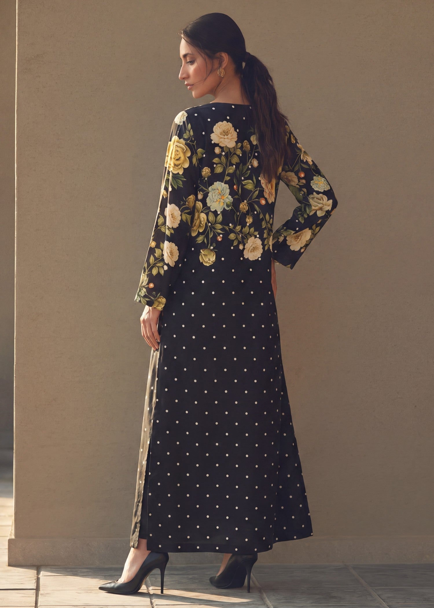 Embroidered Black Silk Kaftan for Women Online in KSA Riyadh Saudi Arabia Oman Bahrain Qatar