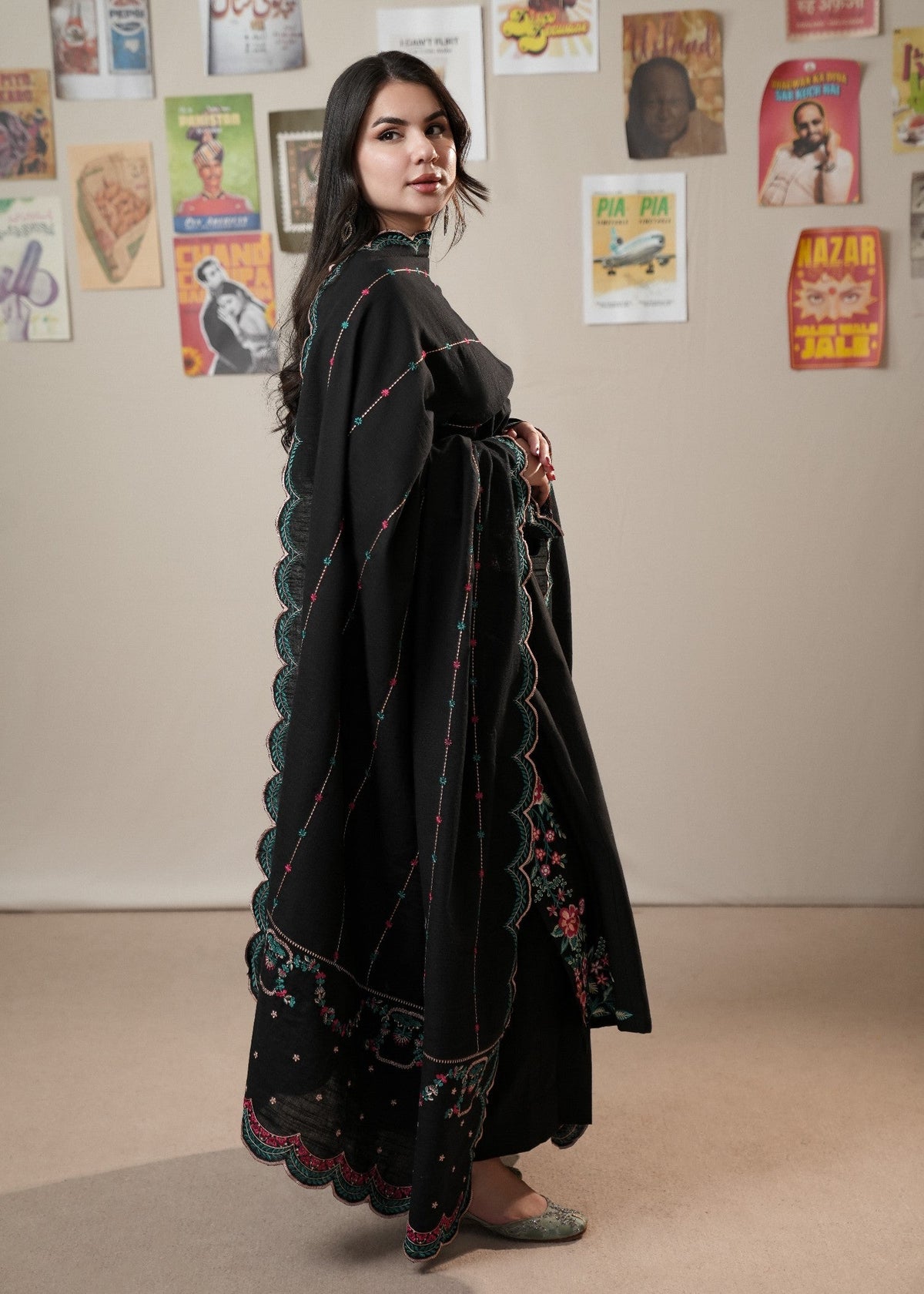 Embroidered Black Slub Khaddar 3 Piece Suit Online in Dubai DXB UAE Abudhabi Meena Bazaar