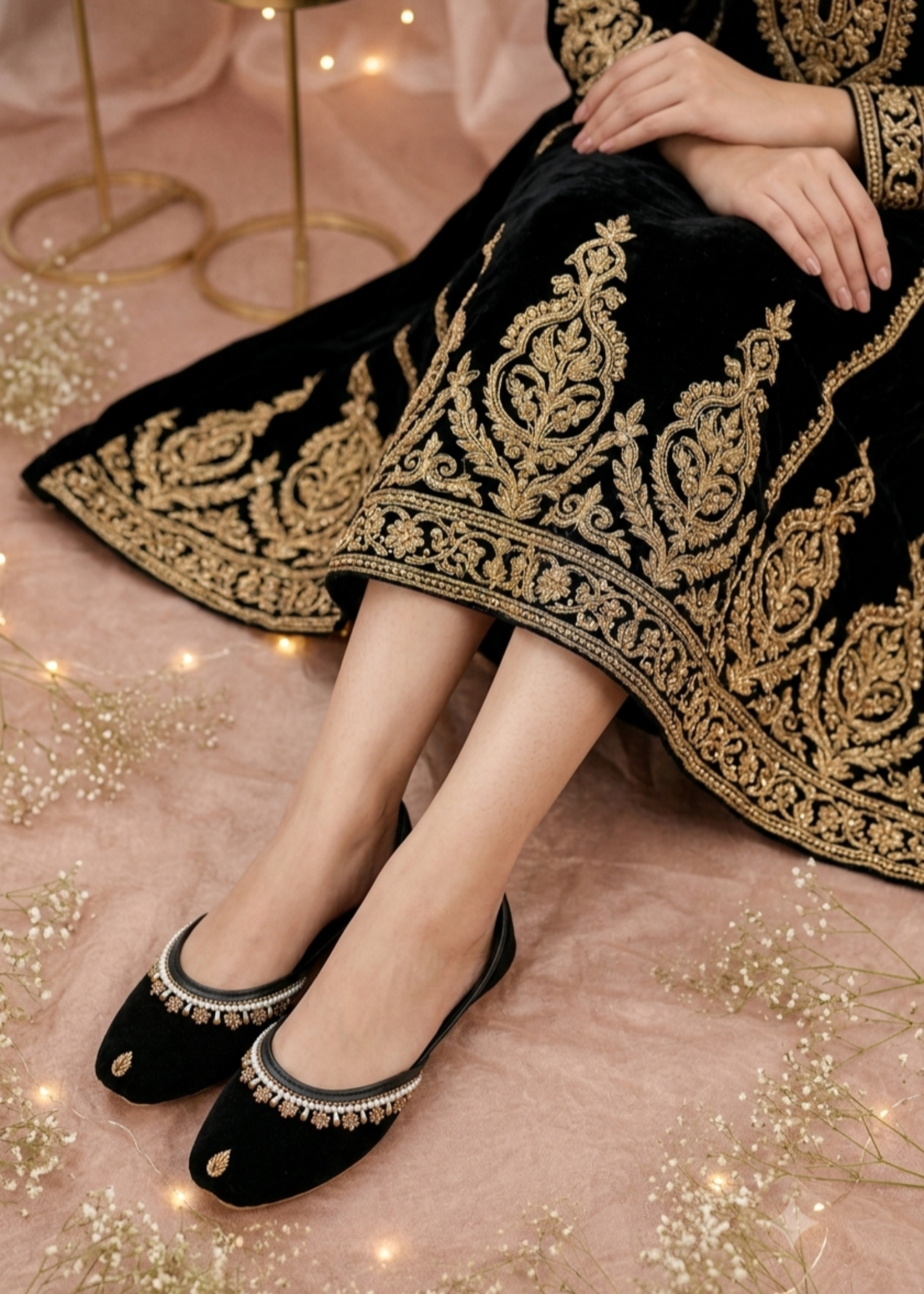 Embroidered Black Velvet Jutti Online in KSA Riyadh Saudi Arabia Oman Bahrain Qatar
