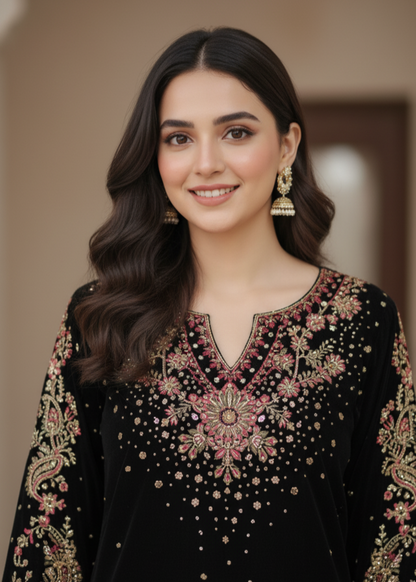 Embroidered Black Velvet Straight Kurta with Dupatta Online in Sri Lanka India Australia