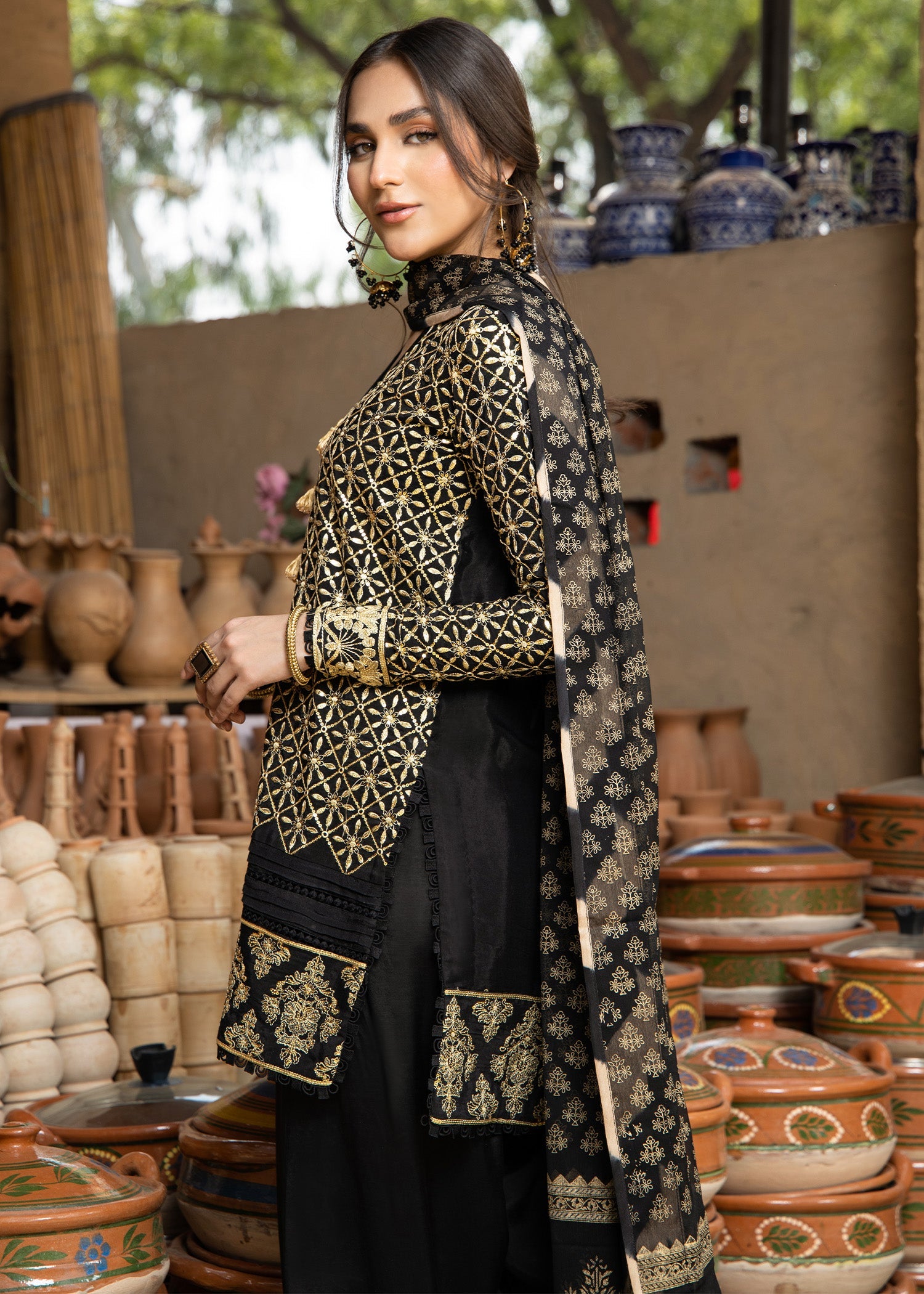 Embroidered Black Viscose Farshi Shalwar Kameez Online in Dubai UAE Abudhabi Ajman Sharjah