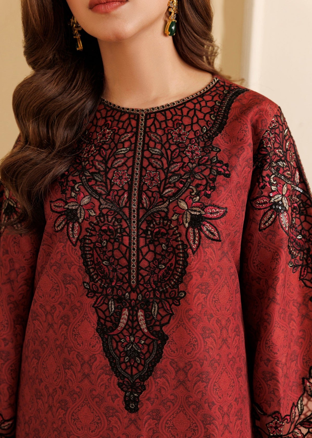 Embroidered Blood Red Blended Khaddar Pakistani Designer Suits Online in UK USA Canada