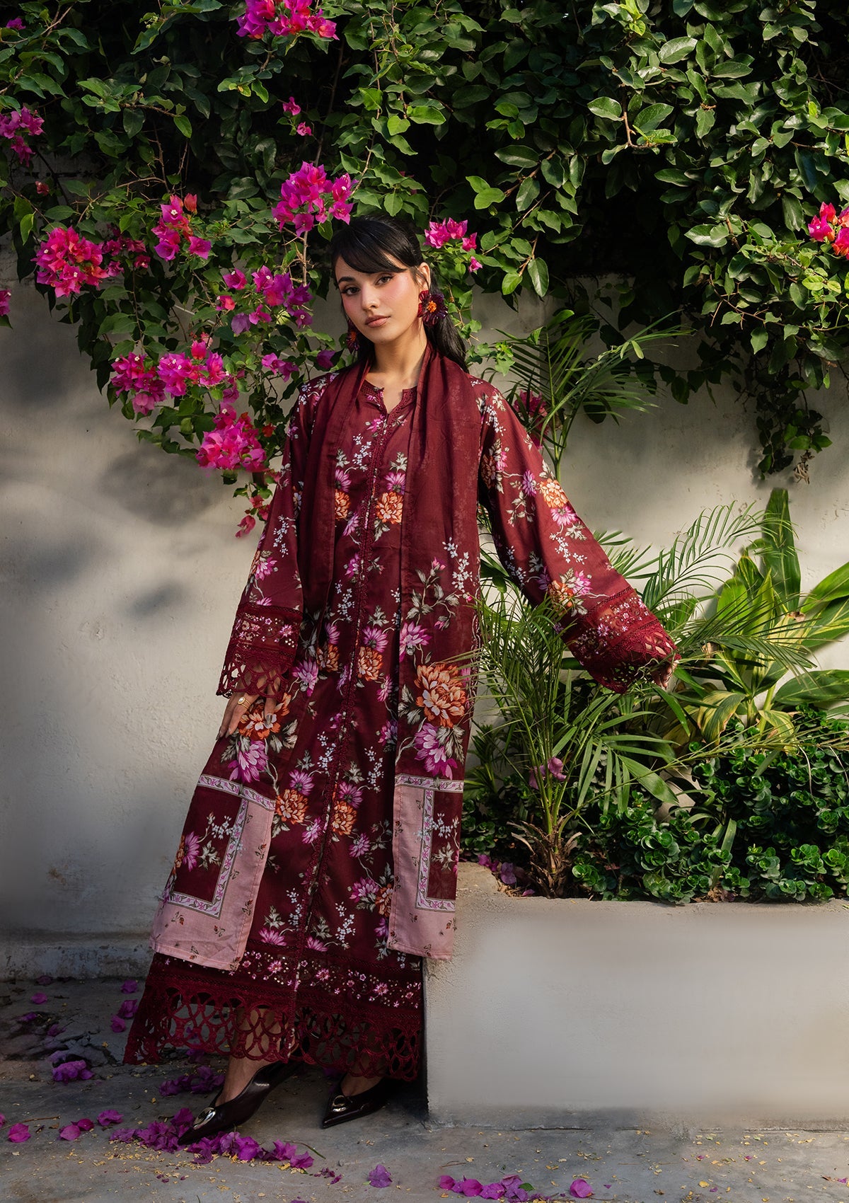 Embroidered Blood Red Lawn Suit Online in Dubai DXB UAE Abudhabi Meena Bazaar