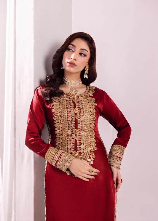 Embroidered Blood Red Silk Salwar Kameez Online in KSA Riyadh Saudi Arabia Oman Bahrain Qatar