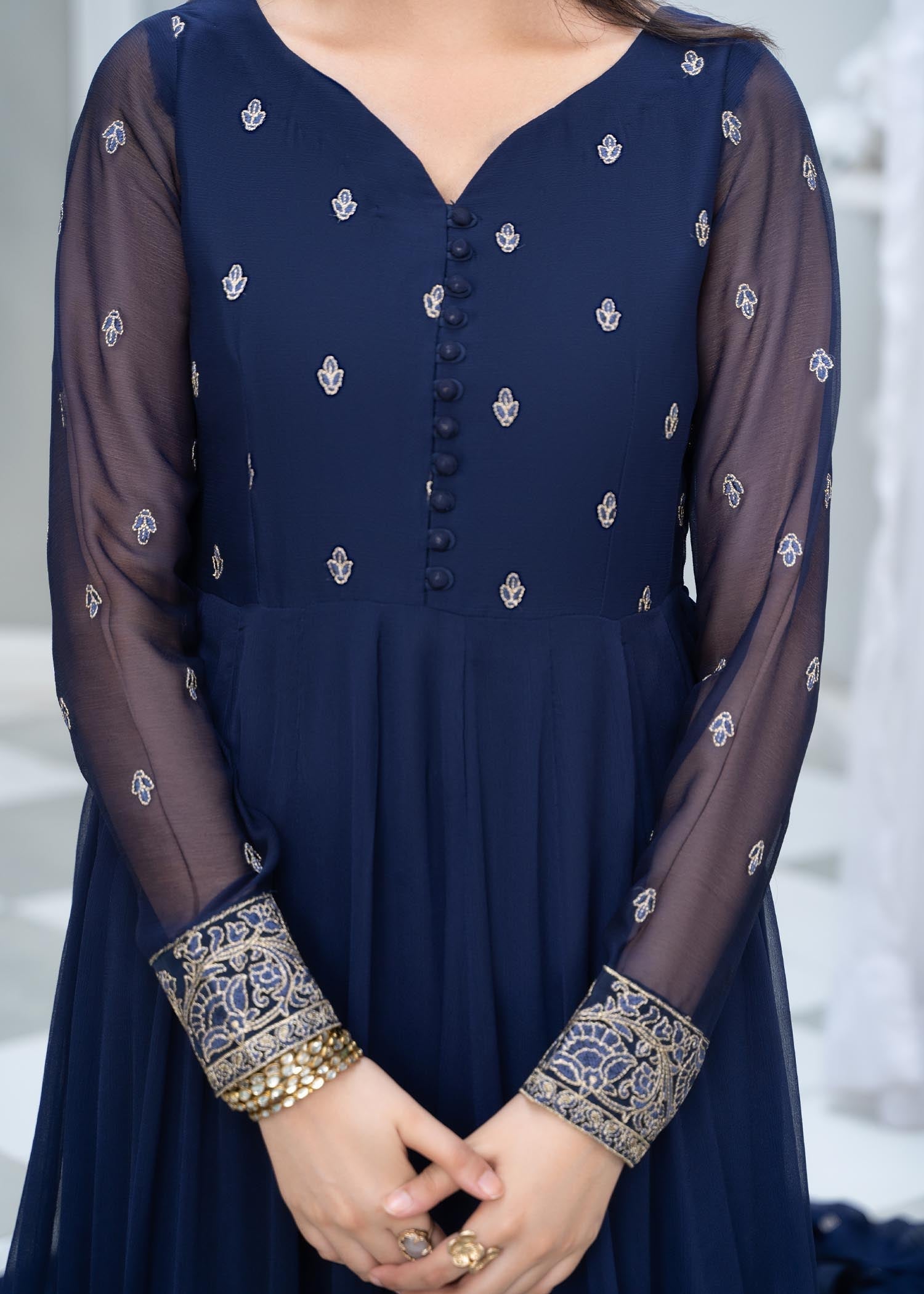 Embroidered Blue Chiffon Festive Wear Online in Dubai DXB UAE Abudhabi Meena Bazaar