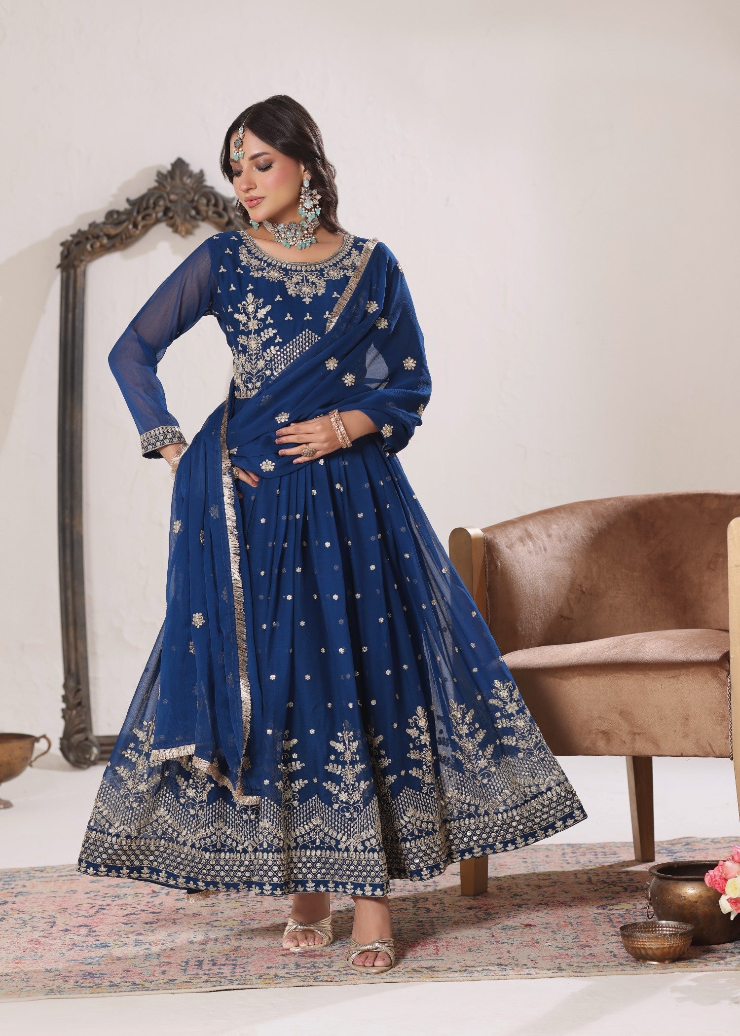 Embroidered Blue Chiffon Festive Wear Online in Dubai DXB UAE Abudhabi Meena Bazaar