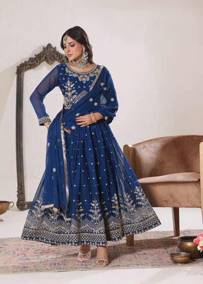 Embroidered Blue Chiffon Festive Wear Online in Dubai DXB UAE Abudhabi Meena Bazaar