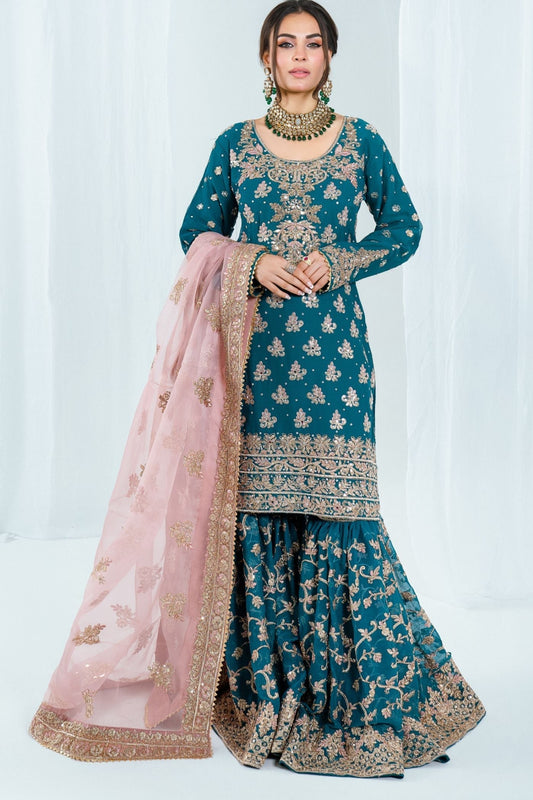 Embroidered Blue Chiffon Gharara for Women Online in Dubai UAE Abudhabi Ajman Sharjah