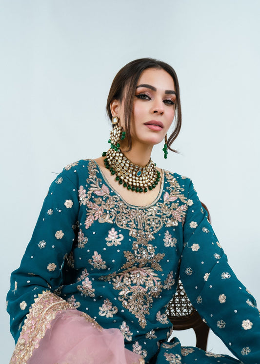 Embroidered Blue Chiffon Gharara Suit Online in Dubai UAE Abudhabi Ajman Sharjah