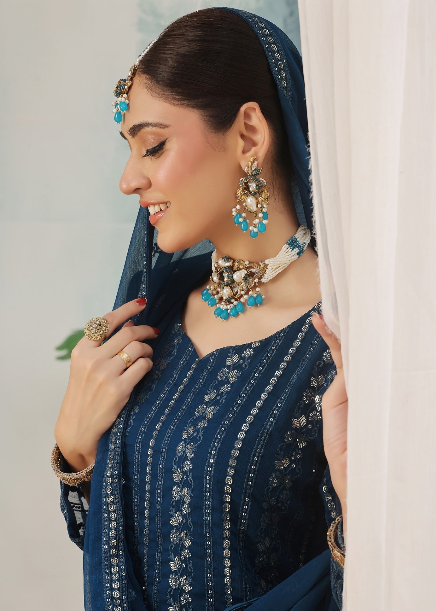 Embroidered Blue Chiffon Kurta with Trouser Online in Dubai UAE Abudhabi Ajman Sharjah
