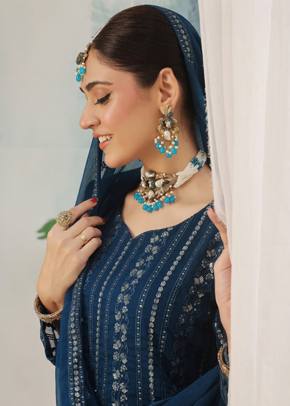 Embroidered Blue Chiffon Kurta with Trouser Online in Dubai UAE Abudhabi Ajman Sharjah