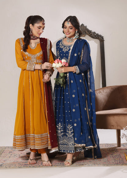 Embroidered Blue Chiffon Straight Trouser Suit Online in Dubai DXB UAE Abudhabi Meena Bazaar