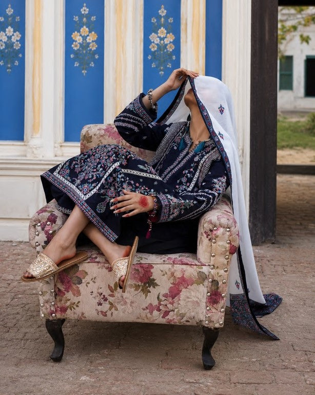 Embroidered Blue Cotton Lawn Pakistani Suit Online in KSA Riyadh Saudi Arabia Oman Bahrain Qatar