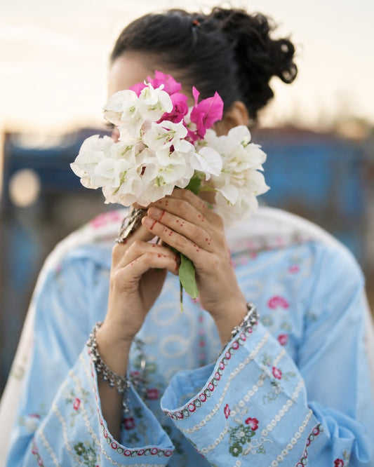 Embroidered Blue Cotton Lawn Shalwar Kameez Online in UK USA Canada