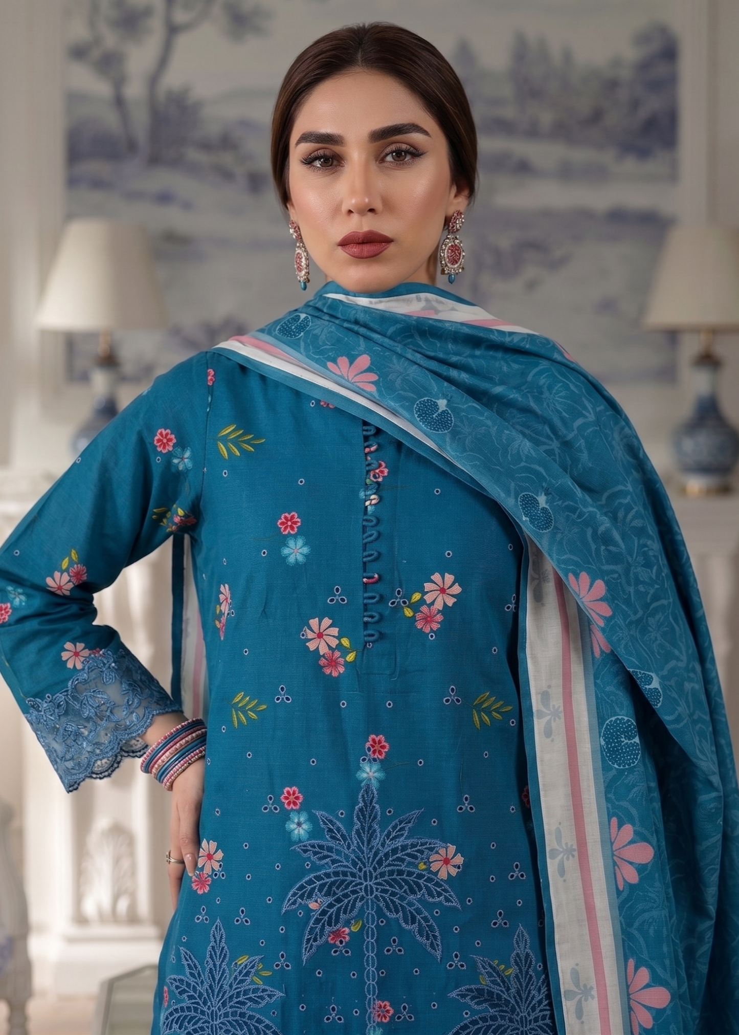 Embroidered Blue Lawn Festive Wear Suit Online in Dubai DXB UAE Abudhabi Meena Bazaar