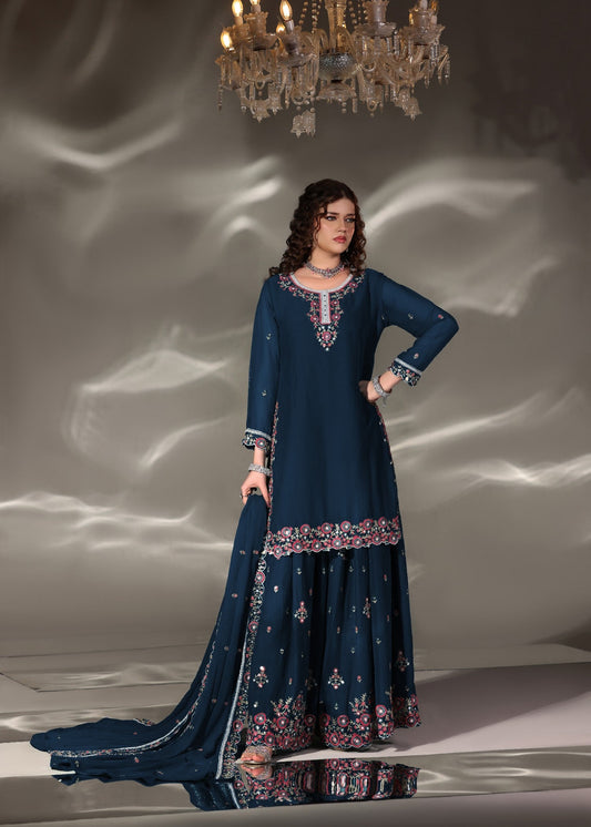 Embroidered Blue Sharara Chiffon Dress Online in Dubai DXB UAE Abudhabi Meena Bazaar