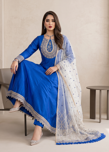 Embroidered Blue Silk Maxi Party Wear Online in Dubai DXB UAE Abudhabi Meena Bazaar