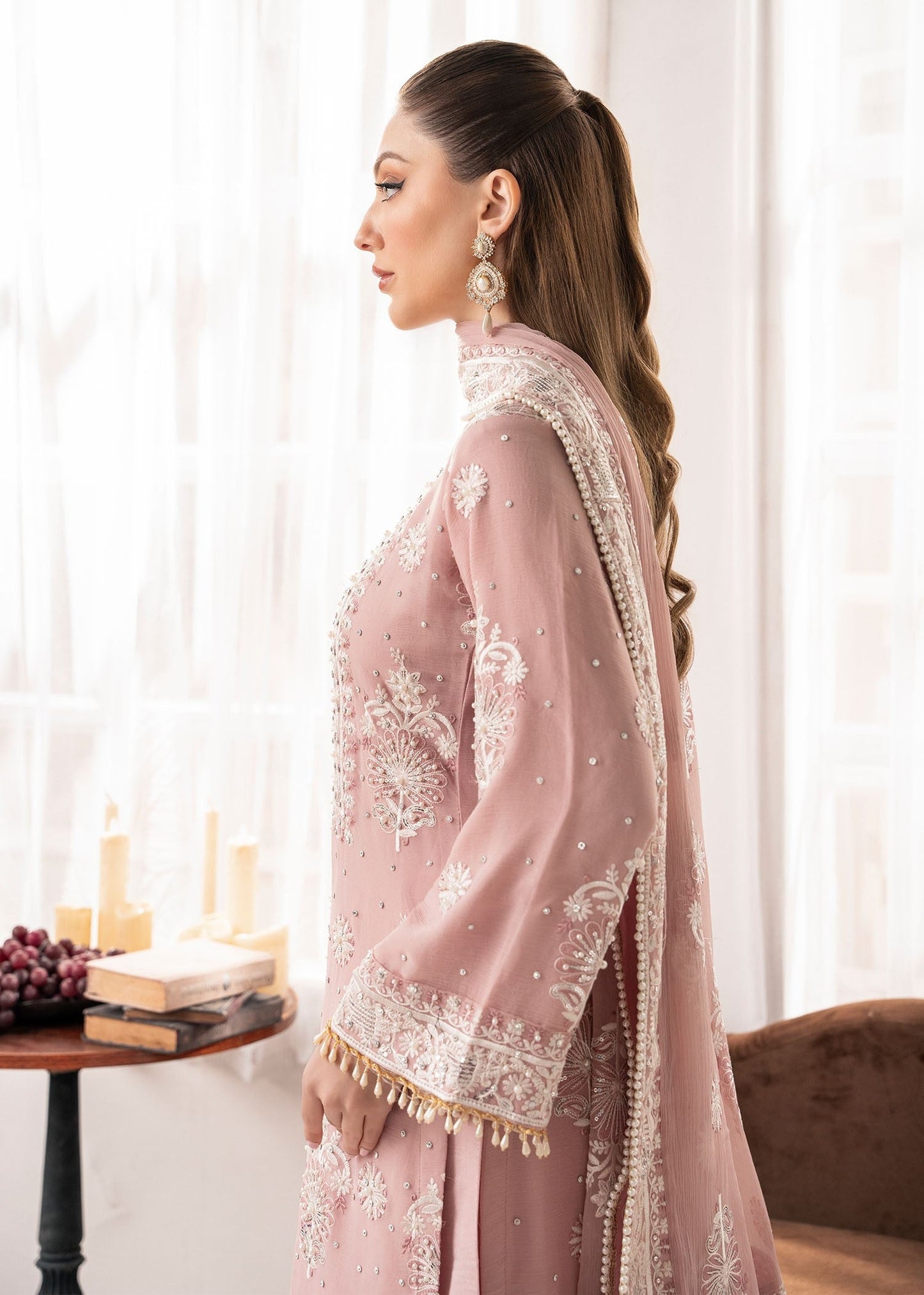 Embroidered Blush Pink Chiffon Three Piece Suit Online in Sri Lanka India Australia