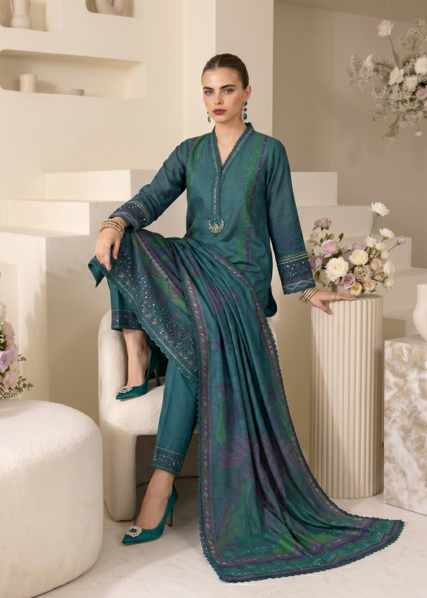 Embroidered Bottle Green Raw Silk Festive Outfit Online in Dubai UAE Abudhabi Ajman Sharjah