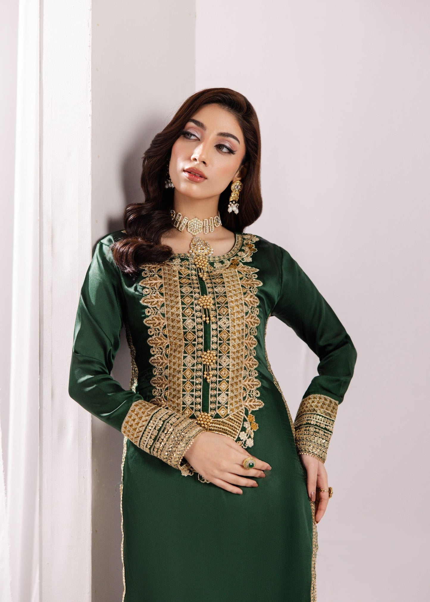 Embroidered Bottle Green Silk Long Kurta Online in Dubai UAE Abudhabi Ajman Sharjah