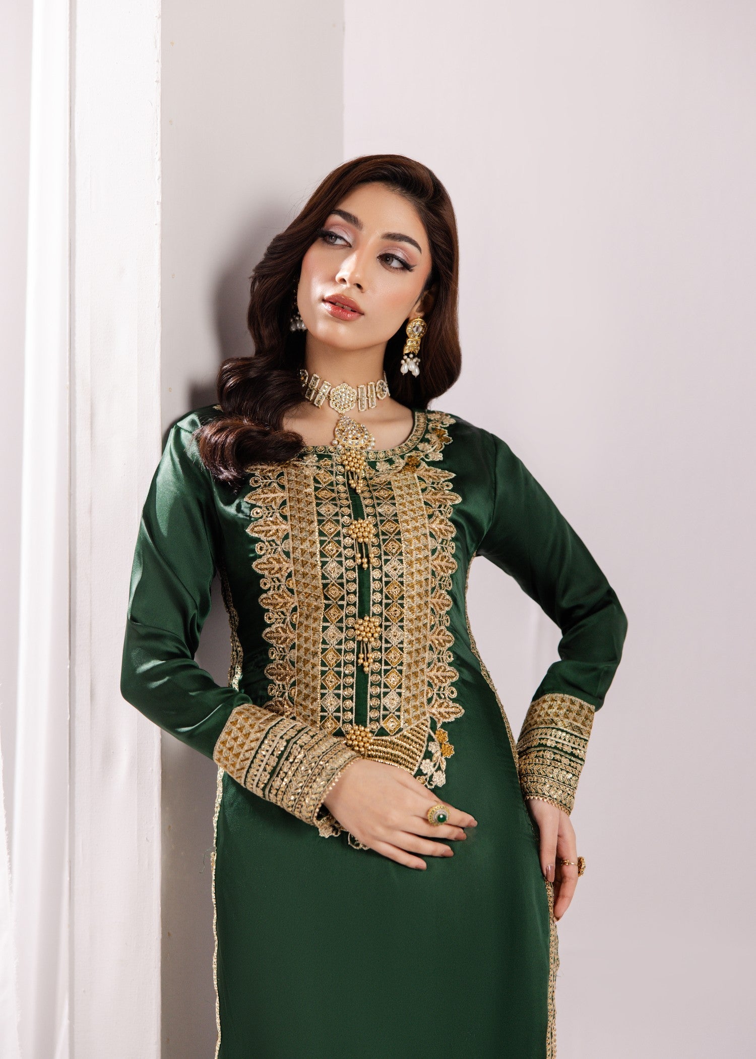 Embroidered Bottle Green Silk Long Kurta Online in Dubai UAE Abudhabi Ajman Sharjah