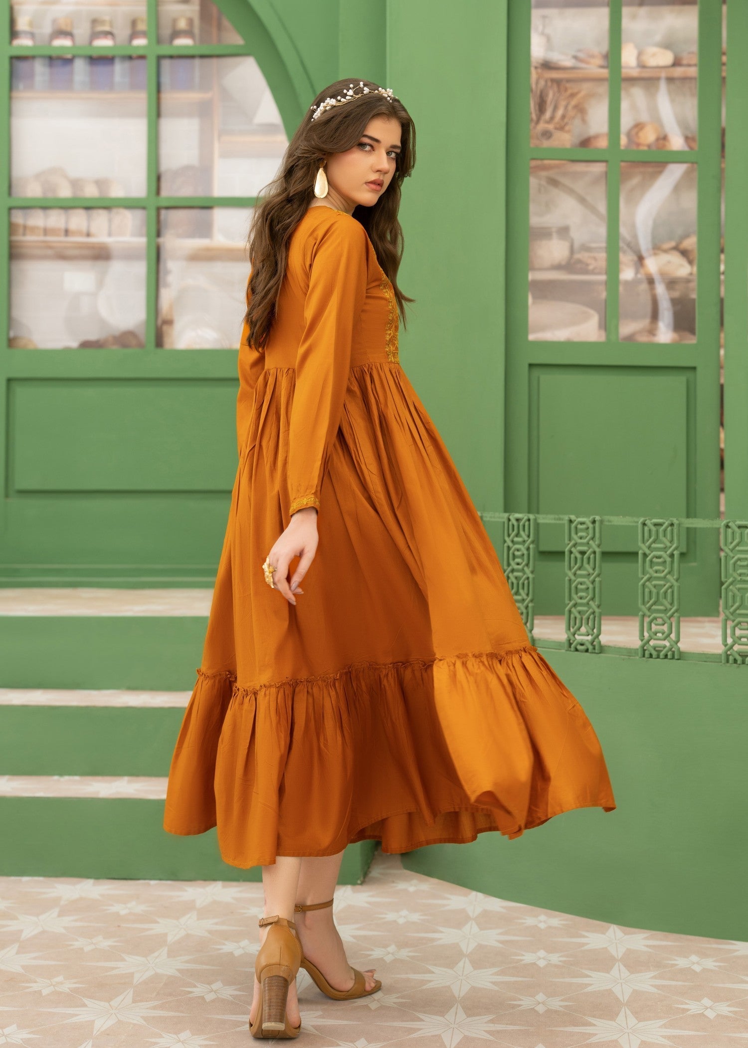 Embroidered Bronze Orange Cotton Ladies Salwar Kameez Online in KSA Riyadh Saudi Arabia Oman Bahrain Qatar