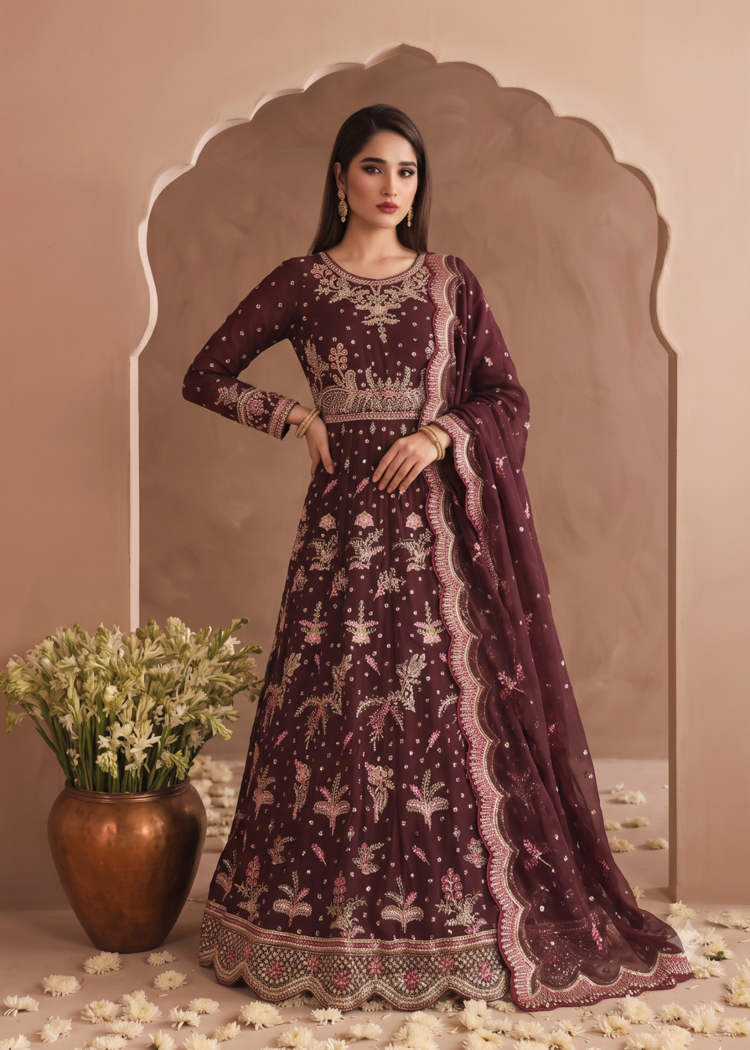 Embroidered Brown Chiffon Maxi Suit Online in Dubai DXB UAE Abudhabi Meena Bazaar