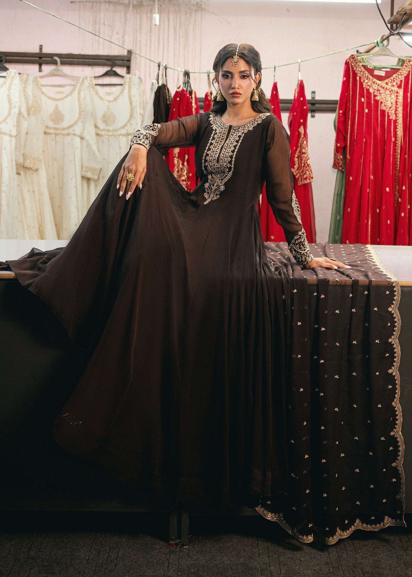 Embroidered Brown Chiffon Pishwas for Women Online in Dubai UAE Abudhabi Ajman Sharjah
