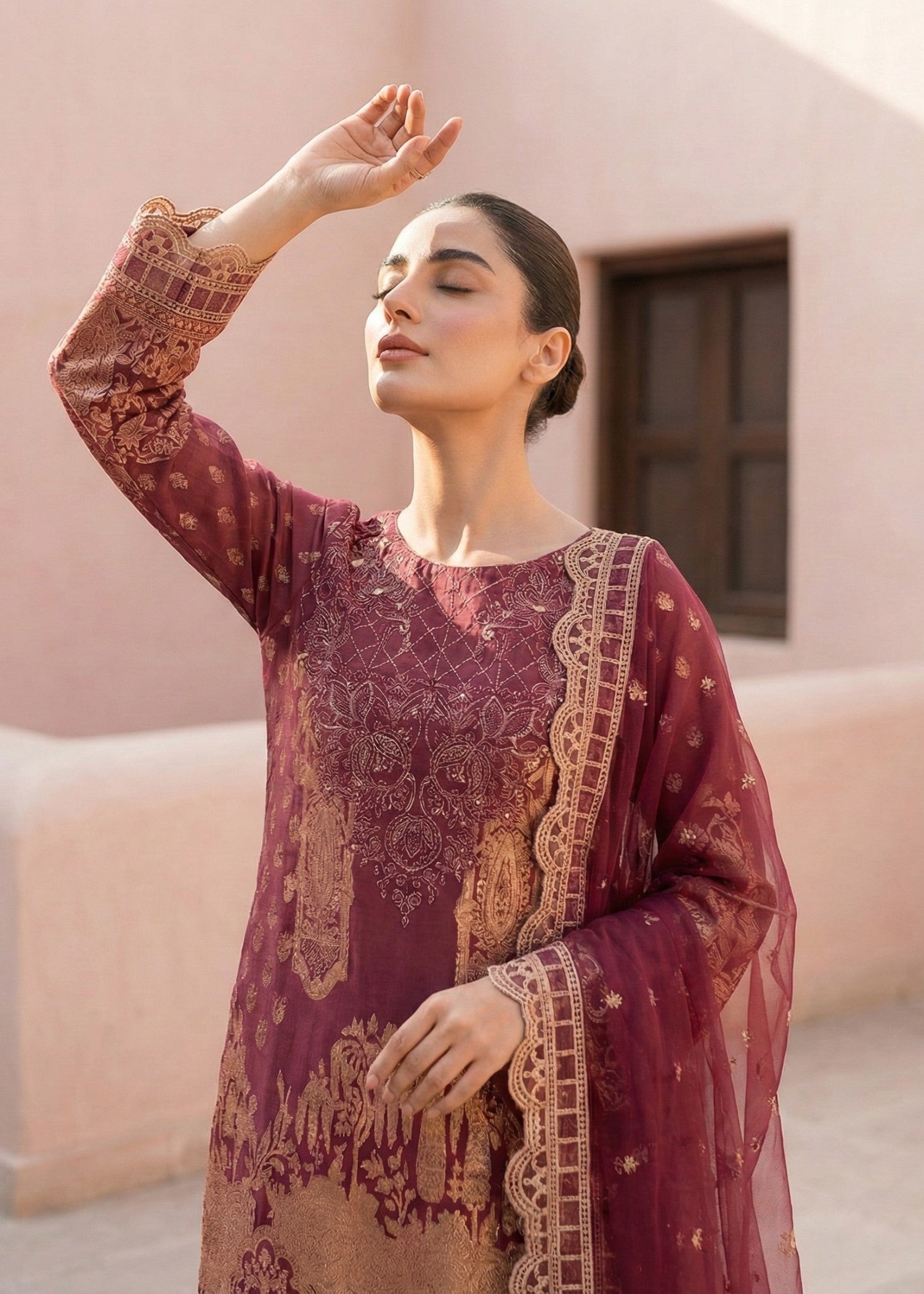Embroidered Brown Lawn Kurta with Cotton Trouser Online in Dubai DXB UAE Abudhabi Meena Bazaar