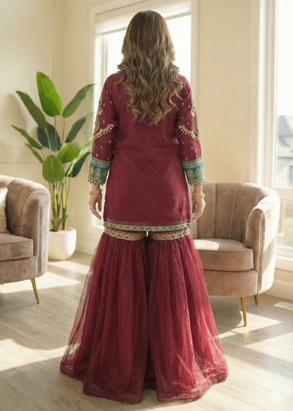 Embroidered Burgundy Net Gharara Partywear Outfit Online in Dubai UAE Abudhabi Ajman Sharjah