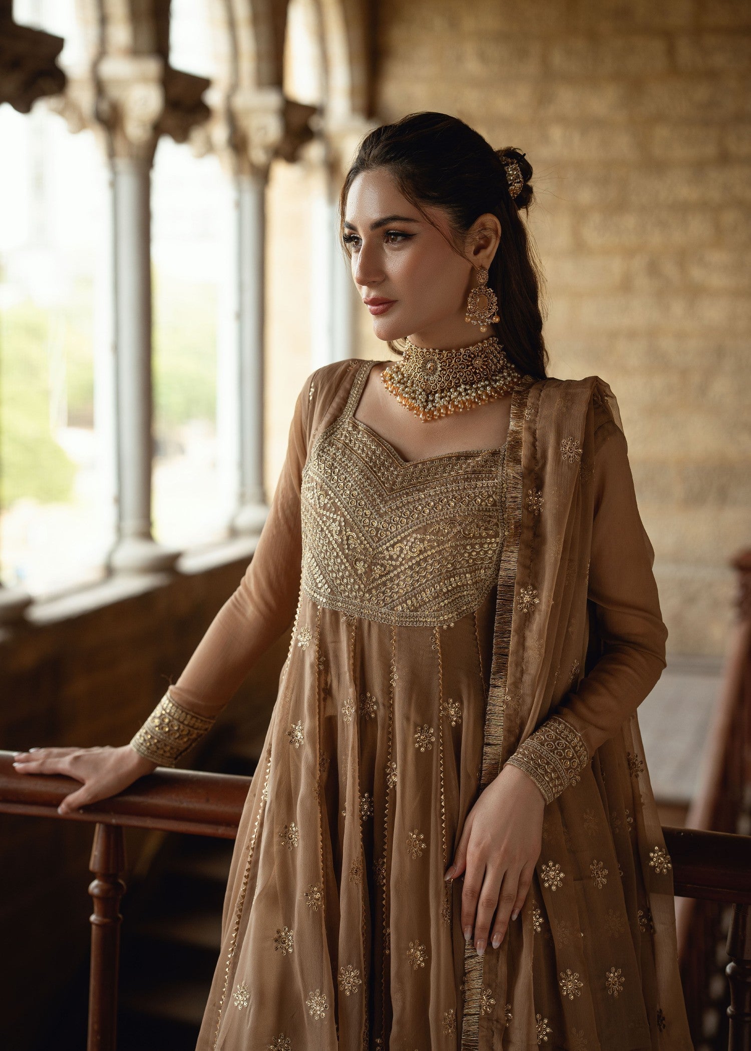 Embroidered Camel Brown Chiffon Kurta Set Online in Dubai UAE Abudhabi Ajman Sharjah