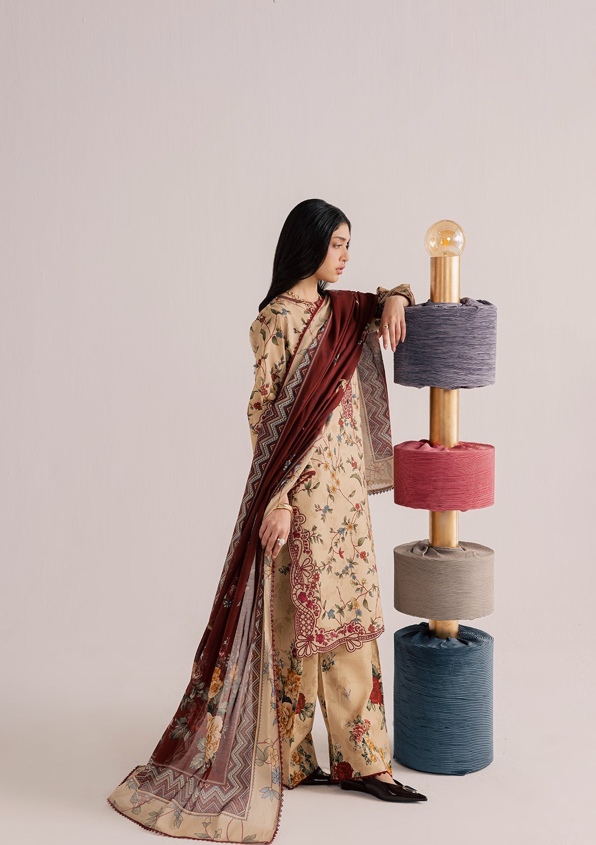 Embroidered Camel Brown Lawn Kurta Set Online in KSA Riyadh Saudi Arabia Oman Bahrain Qatar