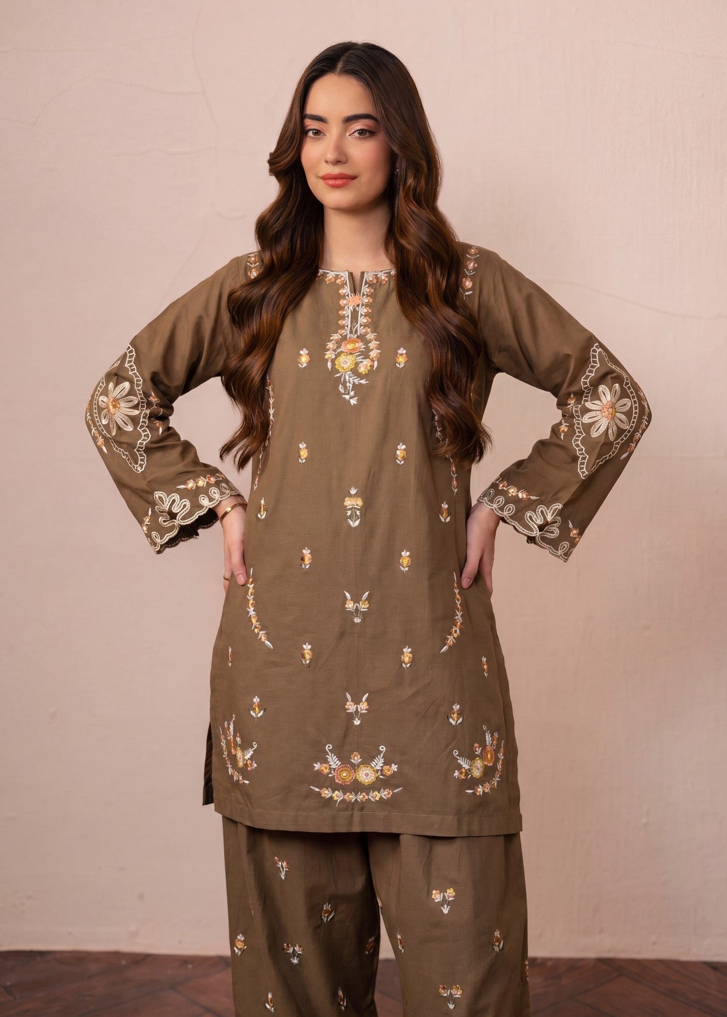 Embroidered Camel Brown Lawn Ladies Suit Online in KSA Riyadh Saudi Arabia Oman Bahrain Qatar