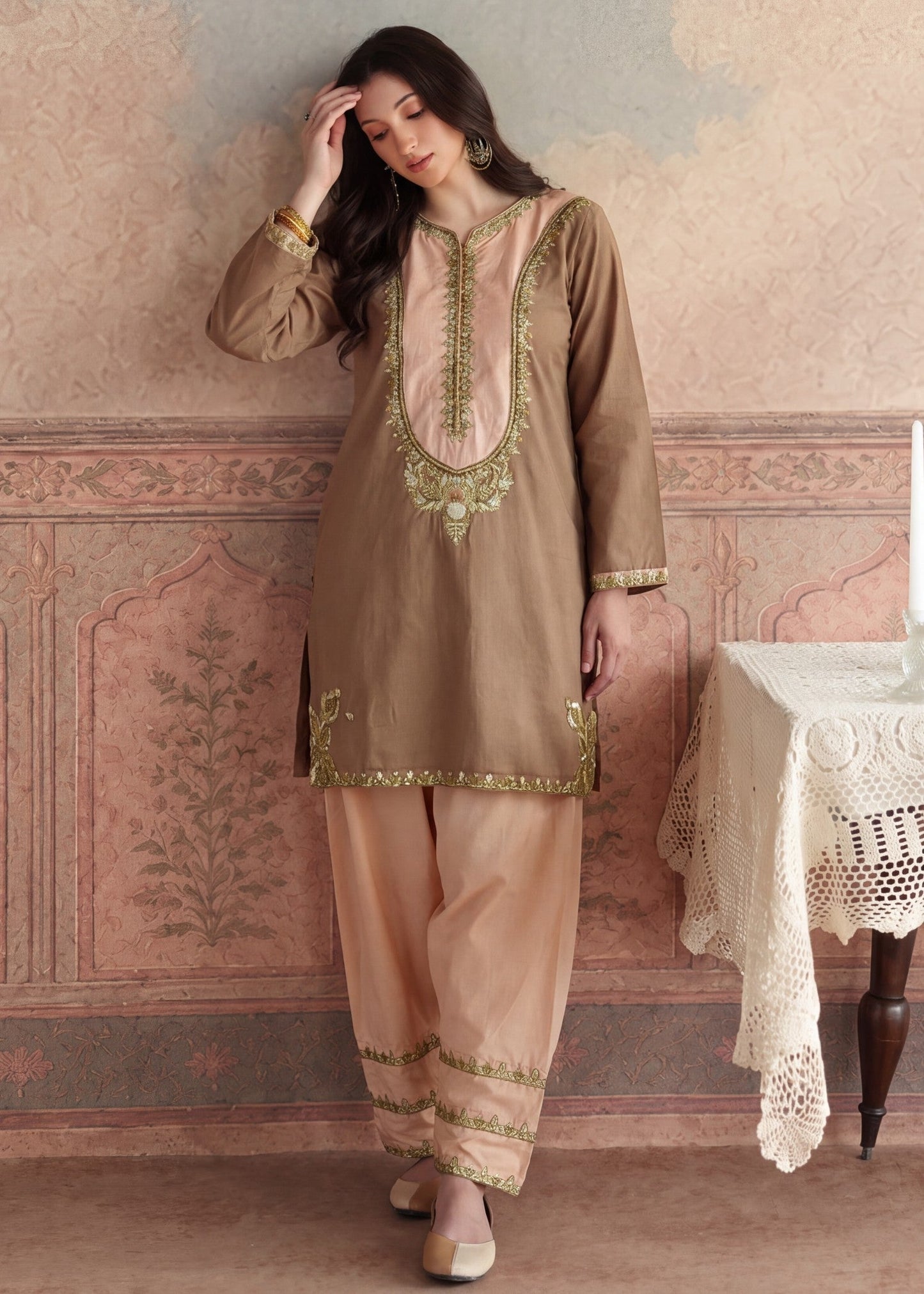 Embroidered Camel Brown Pakistani Suit Online in Dubai DXB UAE Abudhabi Meena Bazaar