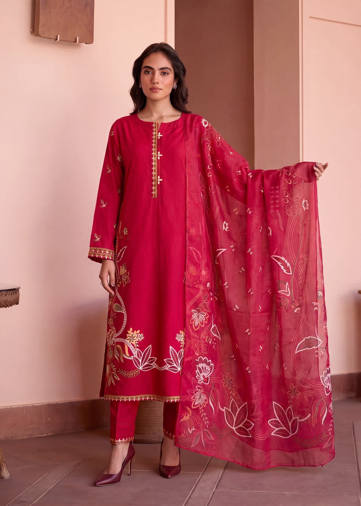 Embroidered Cerise Lawn Salwar Suit Online in KSA Riyadh Saudi Arabia Oman Bahrain Qatar